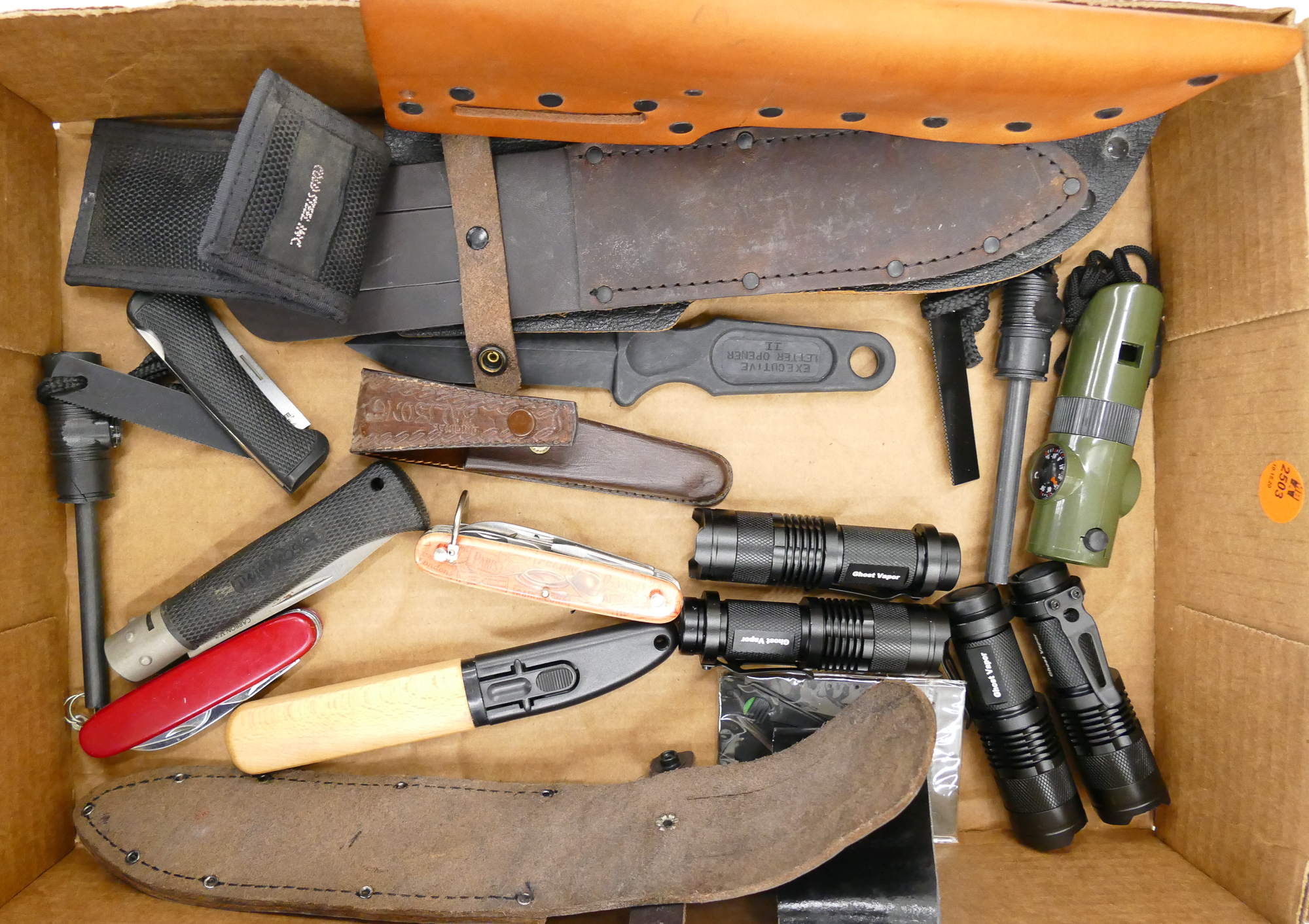 Appraisal: Box Hunting and Survival Items including Knives Sheaths Fire Strikers