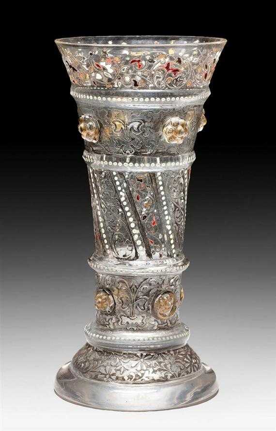 Appraisal: GALL MILE VASE circa Acid-etched and enamelled clear glass Signed