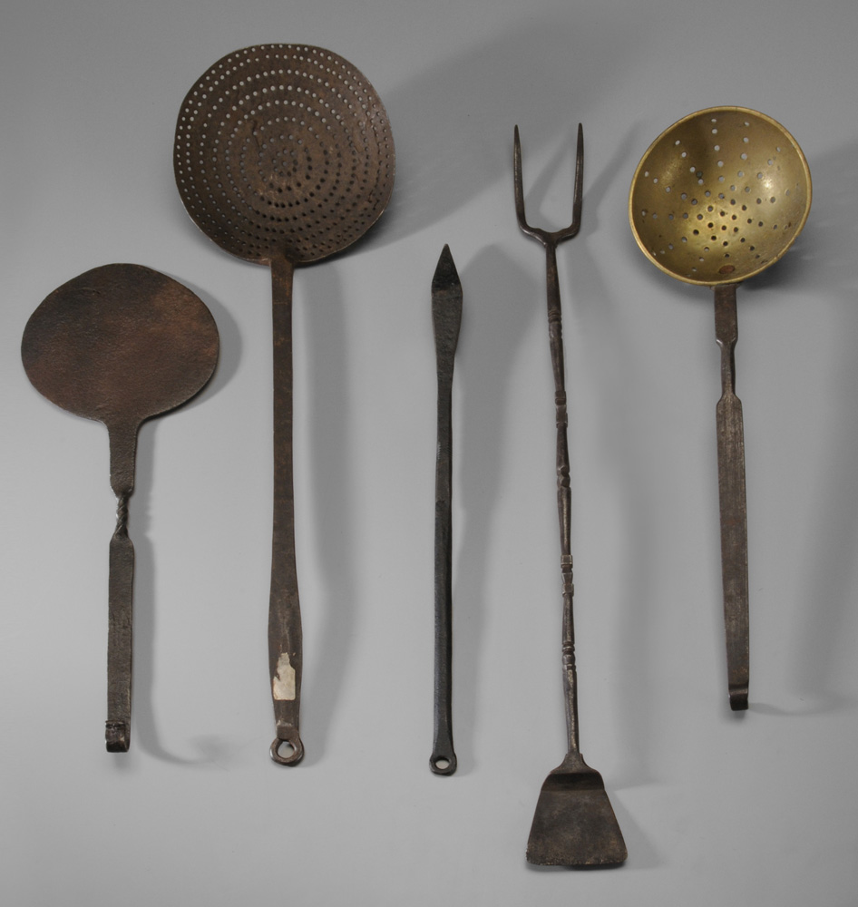 Appraisal: Five Hand-Wrought Hearth Tools implement with fork at one end