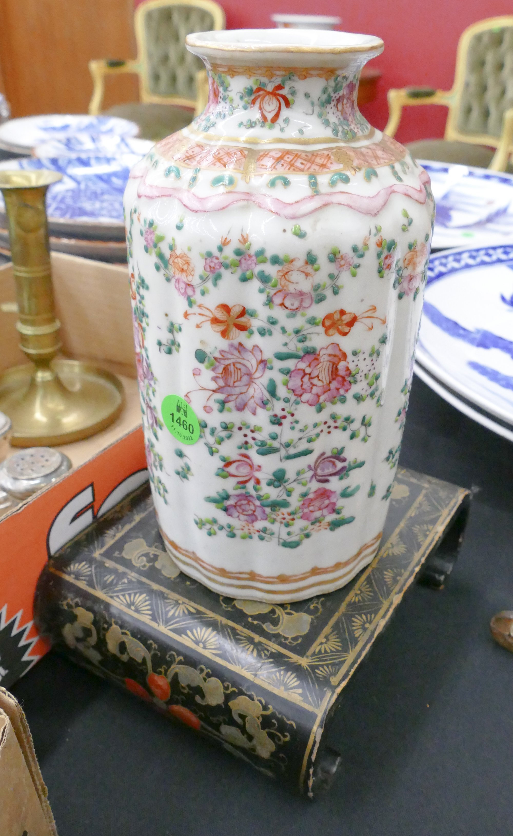 Appraisal: pc Old Chinese Porcelain Bottle and Lacquered Stand- vase drilled