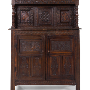 Appraisal: A Jacobean Style Oak Court Cupboard th Century Height x