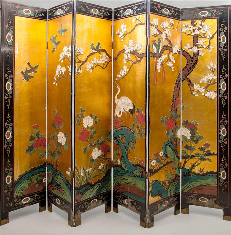 Appraisal: Japanese Coromandel Six-Panel Screen The reverse with marine birds Each