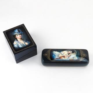 Appraisal: Russian Erotica Lacquered Playing Card Box and Eye Glass Case