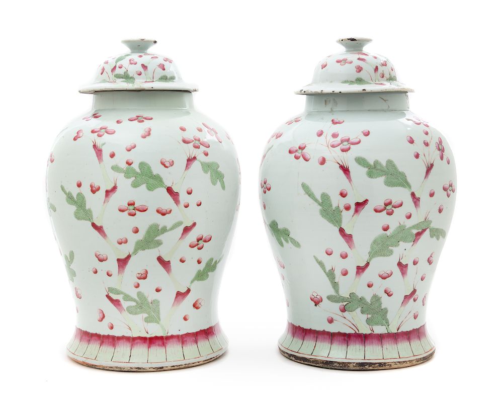 Appraisal: A Pair of Chinese Porcelain Lotus Pattern Jars Height inches