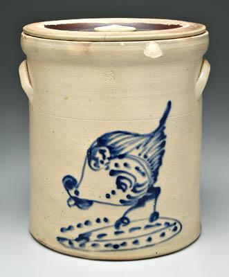 Appraisal: Stoneware lidded crock stamped above pecking chicken corn on ground