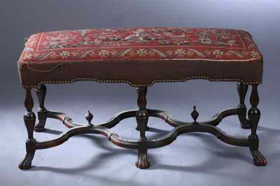 Appraisal: WILLIAM AND MARY STYLE MAHOGANY WINDOW BENCH th century needlepoint