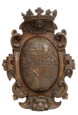 Appraisal: Architectural carved oak coat of arms English Union coat of