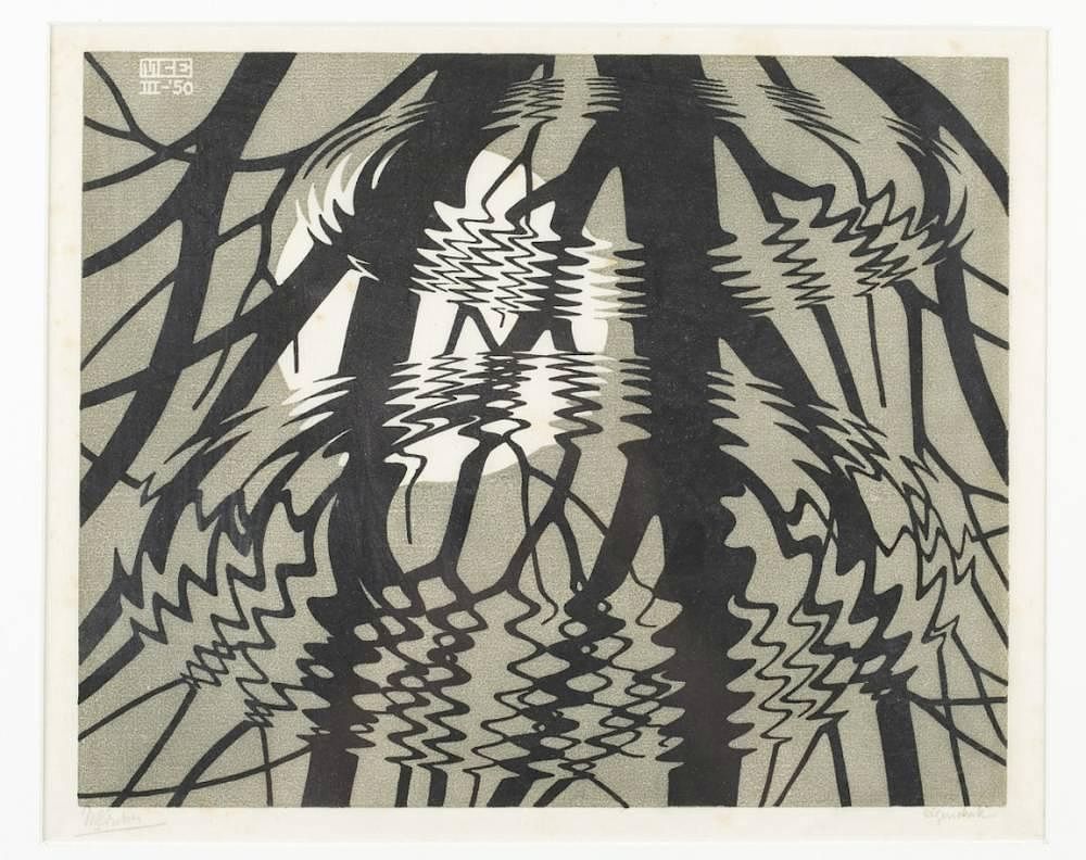 Appraisal: M C Escher Linocut Rippled Surface black gray Escher Maurits