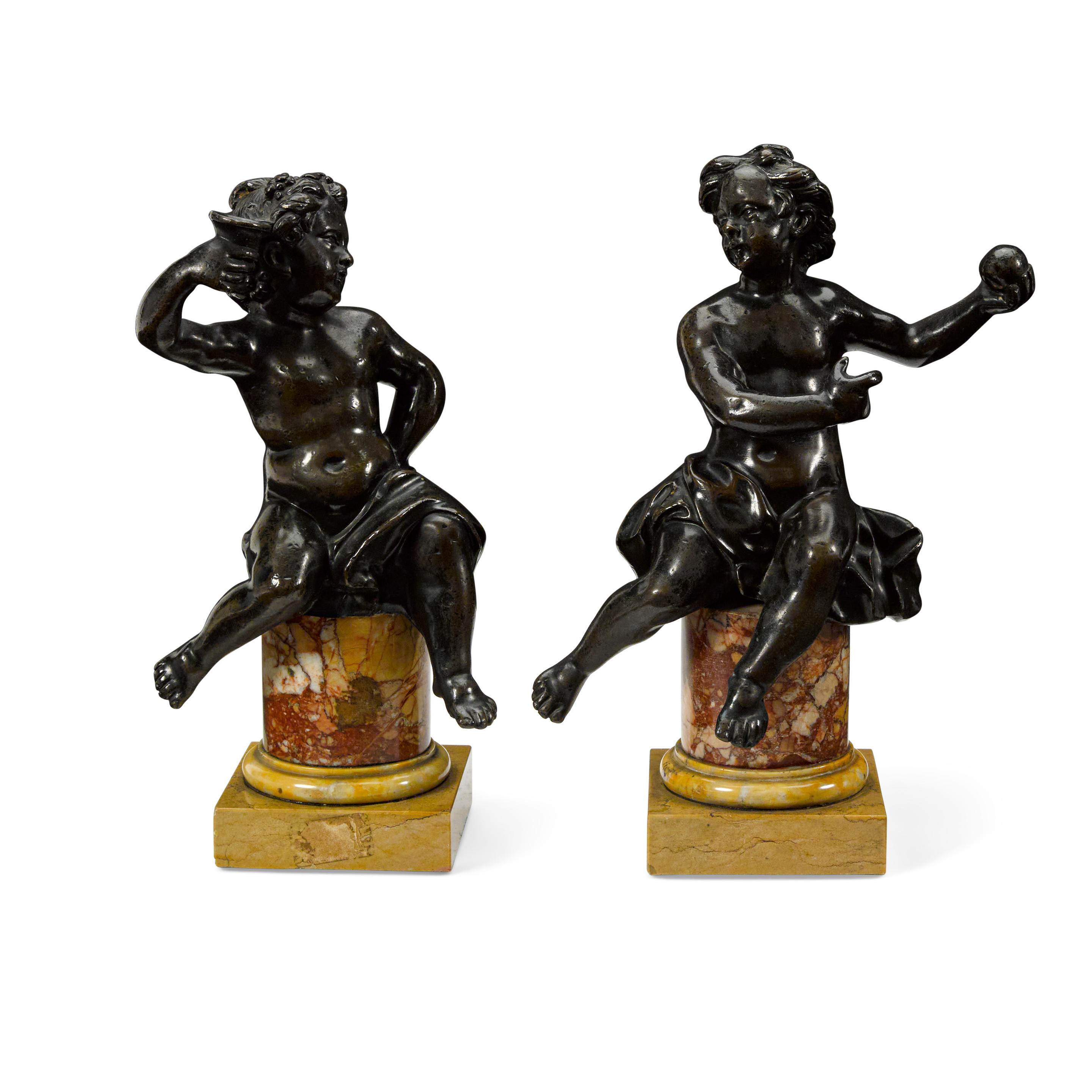 Appraisal: A PAIR OF CONTINENTAL PATINATED BRONZE FIGURES OF PUTTI TH