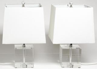 Appraisal: Pair Of Glass Cube Table Lamps With white linen cube