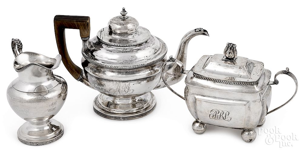 Appraisal: Coin silver teapot sugar and creamer Coin silver teapot sugar