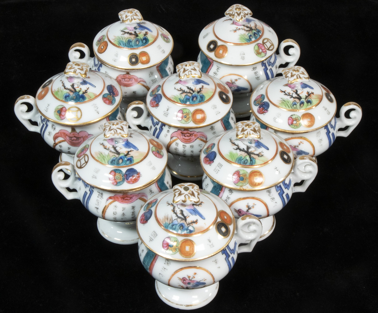 Appraisal: CHINESE LIDDED PORCELAIN CUPS Set of Lidded Teacups with hand