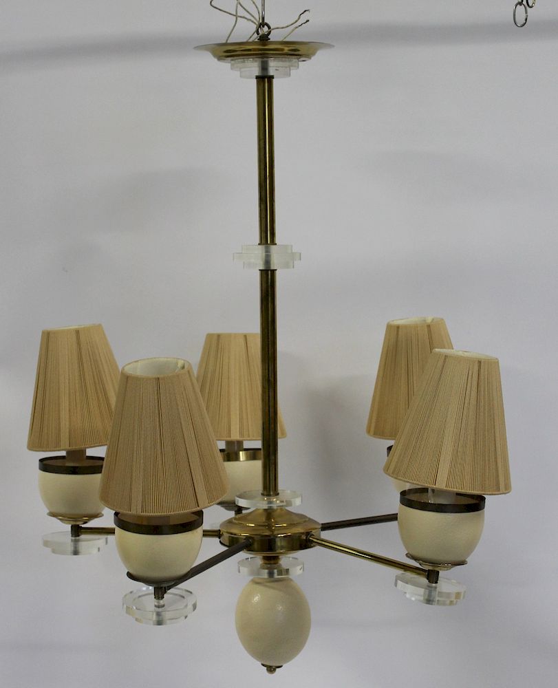 Appraisal: MIDCENTURY Brass Lucite and Ostriche Egg Decorated Chandelier From a