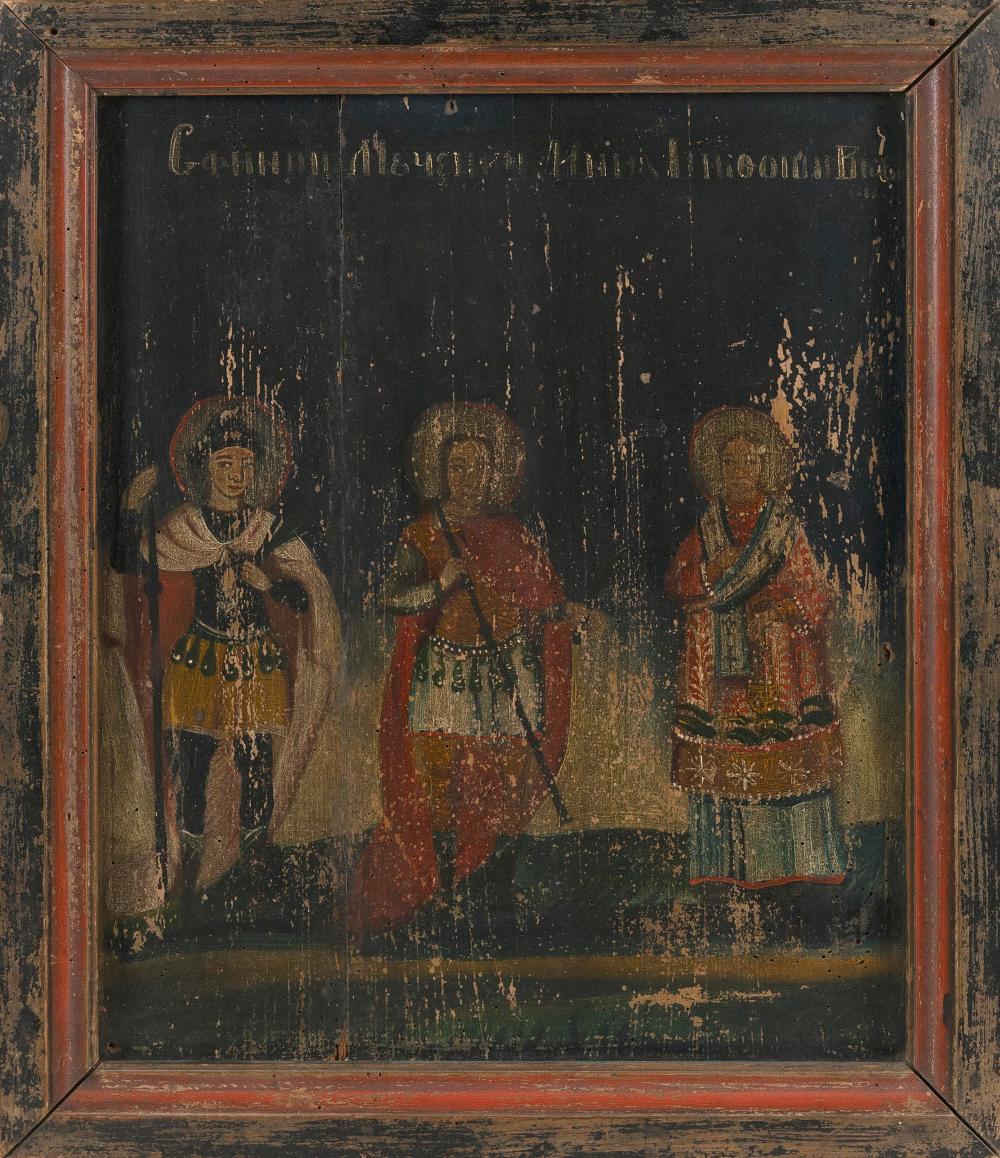 Appraisal: RUSSIAN WOODEN ICON DEPICTING THREE SAINTS TH CENTURY OR EARLIER