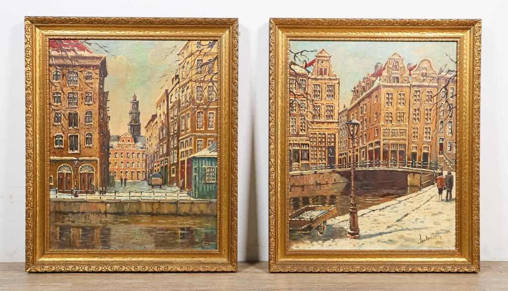 Appraisal: Jan Van Beek Dutch Two Amsterdam canal scenes in carved