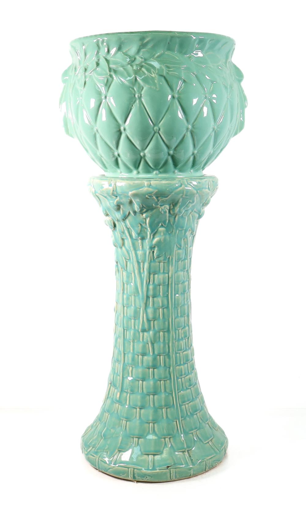 Appraisal: VINTAGE MCCOY AQUA POTTERY JARDINIERE STANDVintage McCoy aqua pottery jardiniere