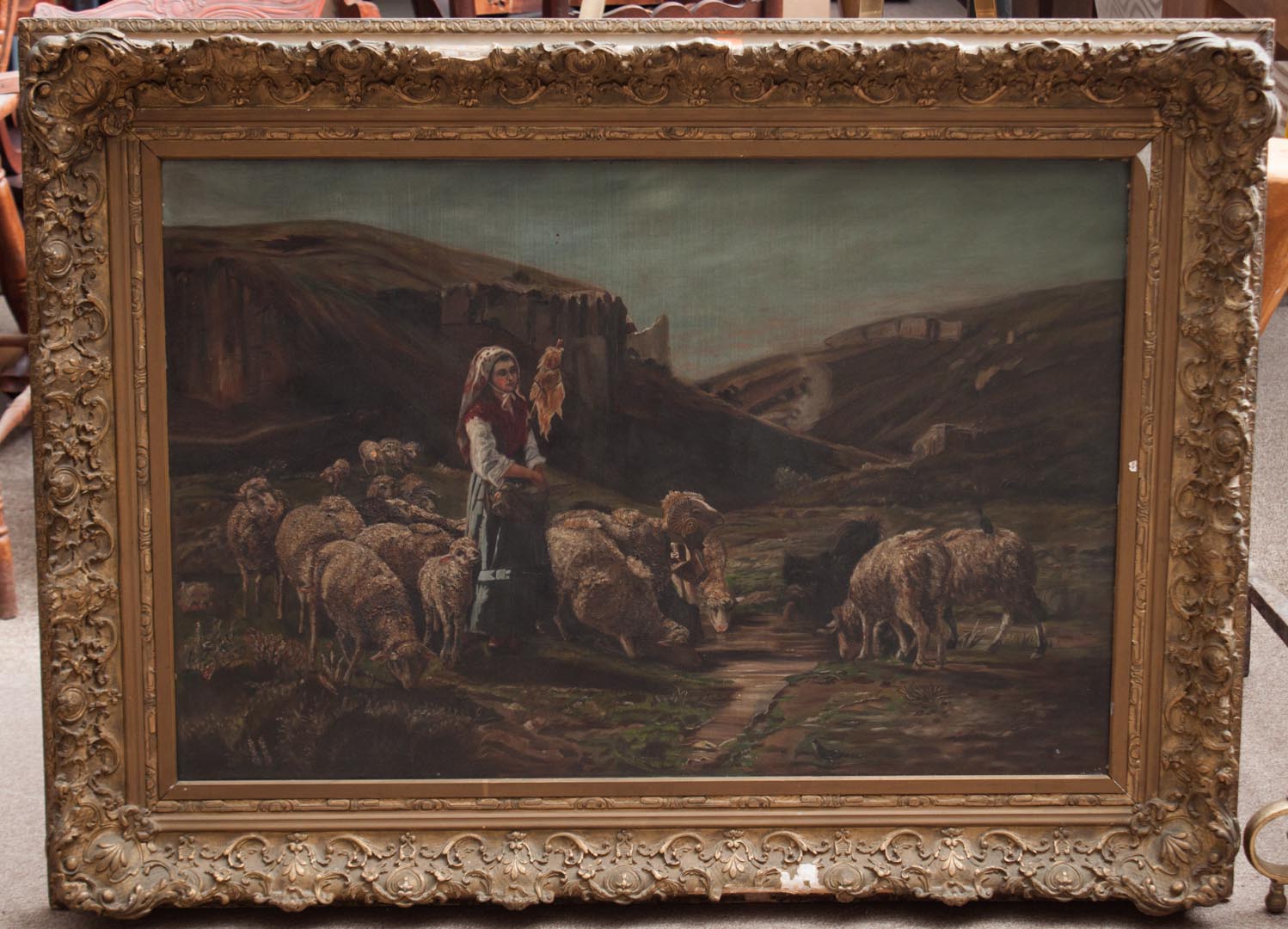 Appraisal: Framed oil on canvas of sheep herding