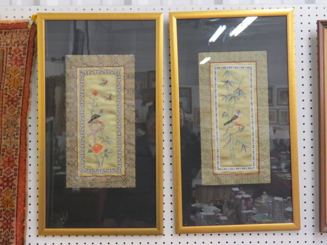 Appraisal: Pair of Chinese Embroidered Silks birds and foliage X