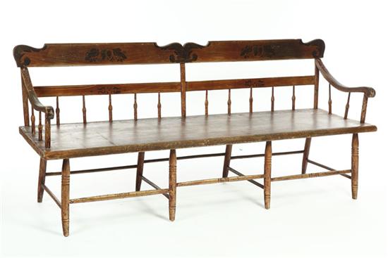 Appraisal: DECORATED SETTLE BENCH Nineteenth century Old grained repaint with striping