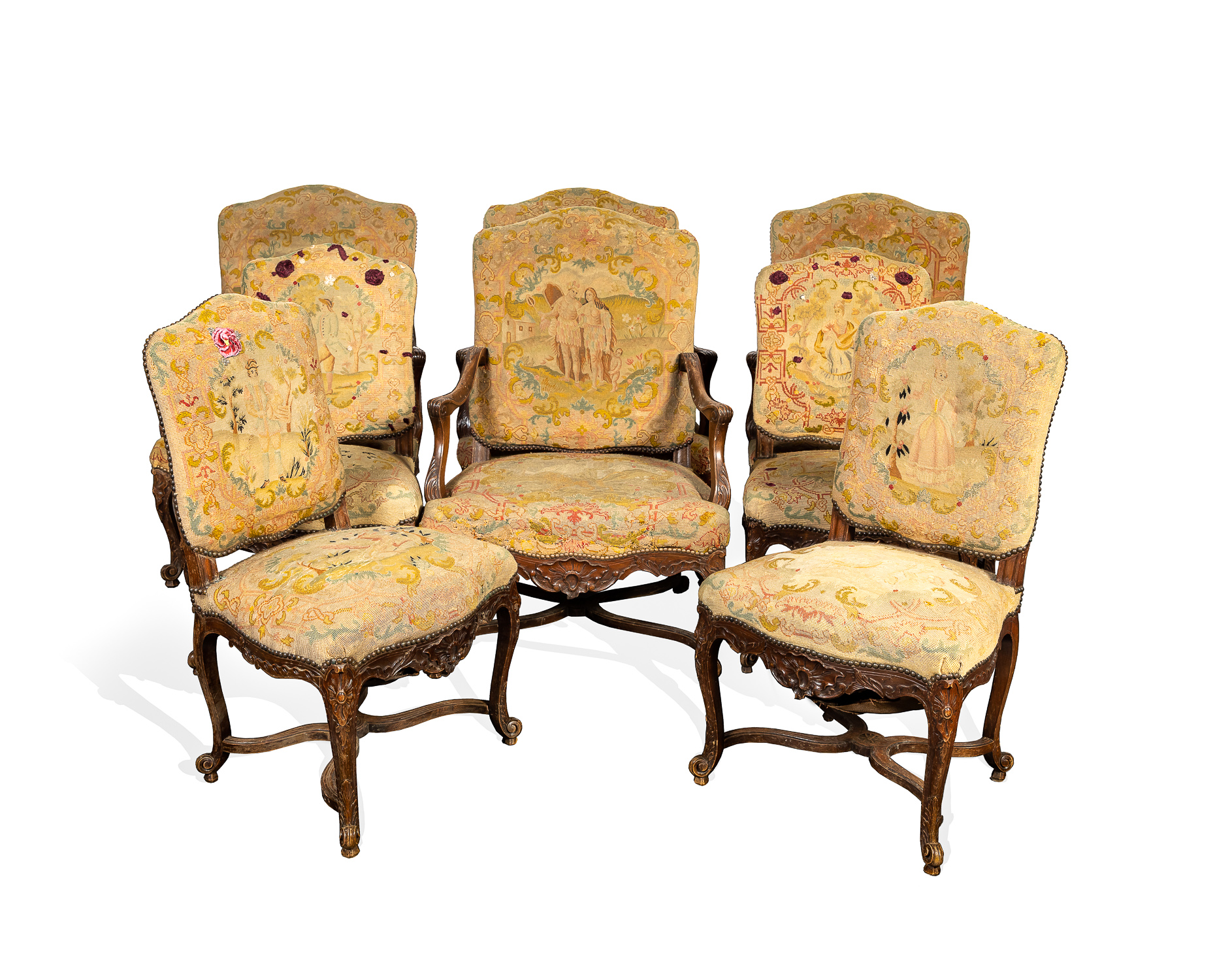 Appraisal: EIGHT LOUIS XV STYLE FIGURAL NEEDLEPOINT CHAIRS Set of eight