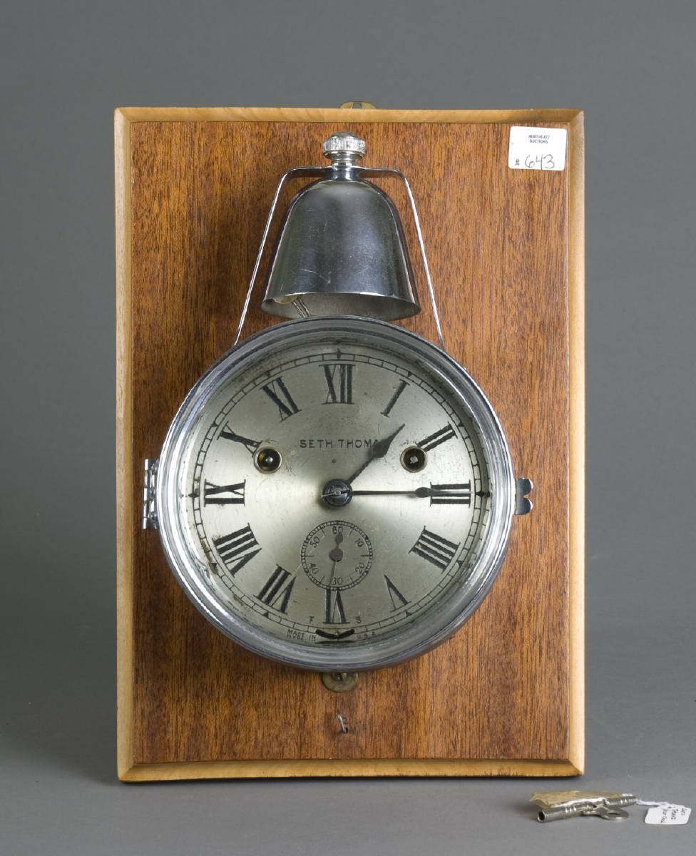 Appraisal: SETH THOMAS CHROME PLATED TOP-BELL STRIKING SHIP CLOCK On mahogany