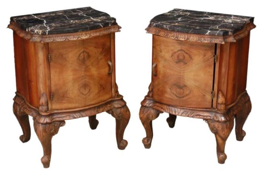 Appraisal: pair Venetian figured walnut bedside cabinets th c shaped marble