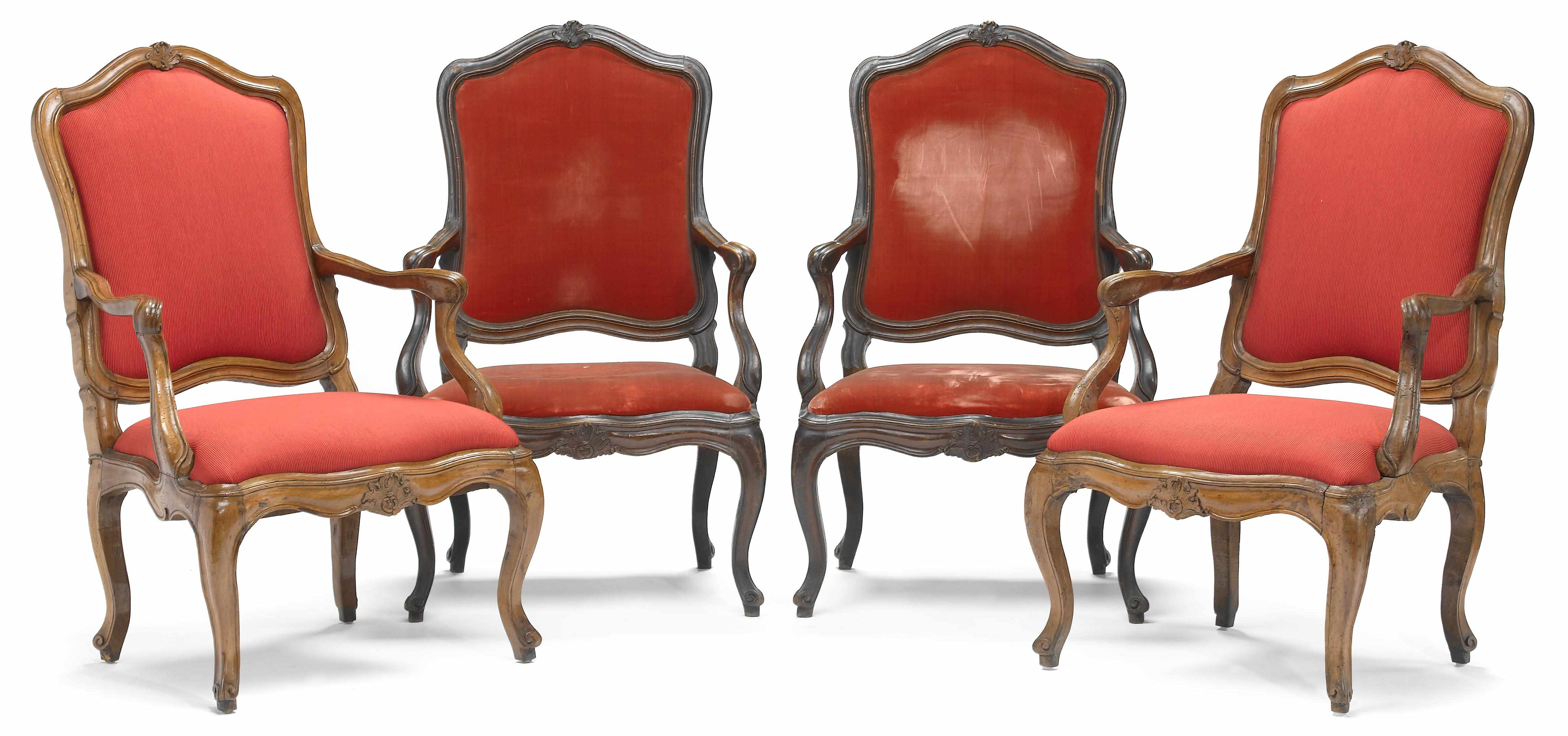 Appraisal: A very near set of four Italian Rococo walnut armchairs