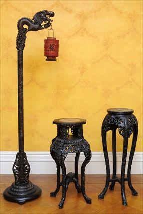 Appraisal: CHINESE CARVED HARDWOOD FLOOR STAND AND TWO JARDINI RE STANDS