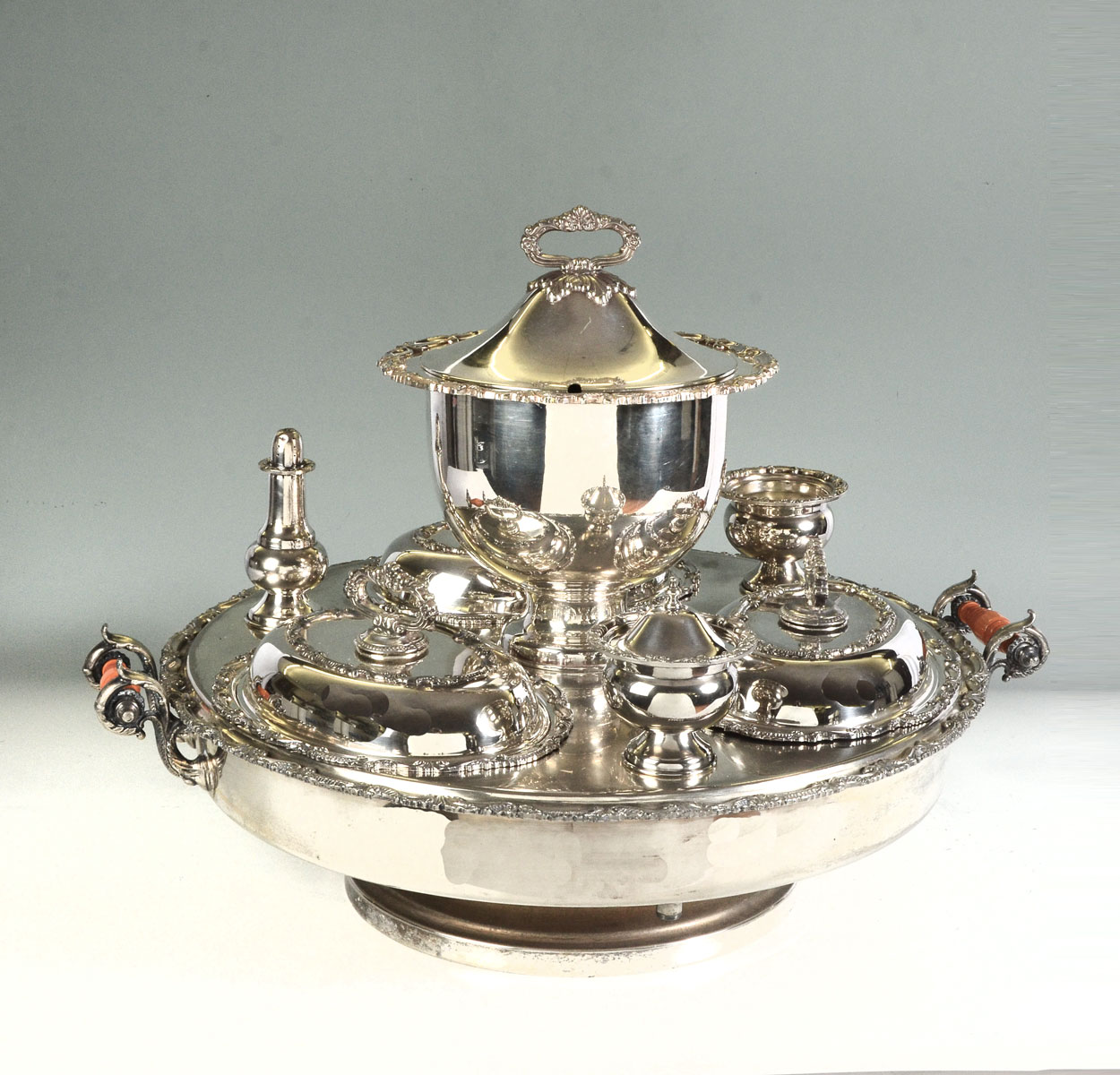 Appraisal: SILVER PLATED ROTATING SERVING TRAY Large silver-plated rotating serving tray