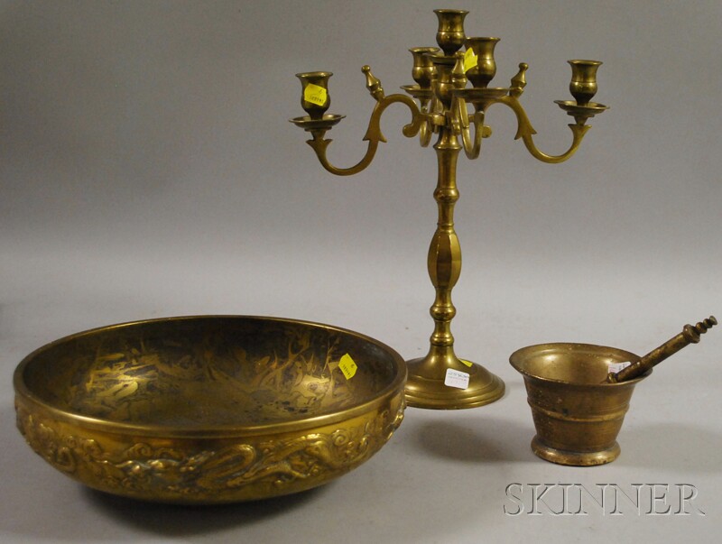 Appraisal: Brass Five-light Candelabra a Mortar and Pestle and a Japanese