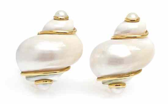 Appraisal: A Pair of Karat Yellow Gold Turbo Shell and Cultured