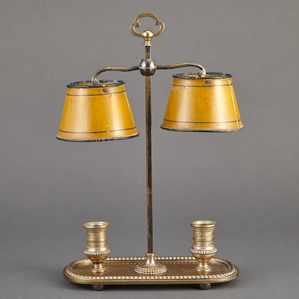 Appraisal: Empire Style Silvered Brass Two-Light Lamp With tole shades Height