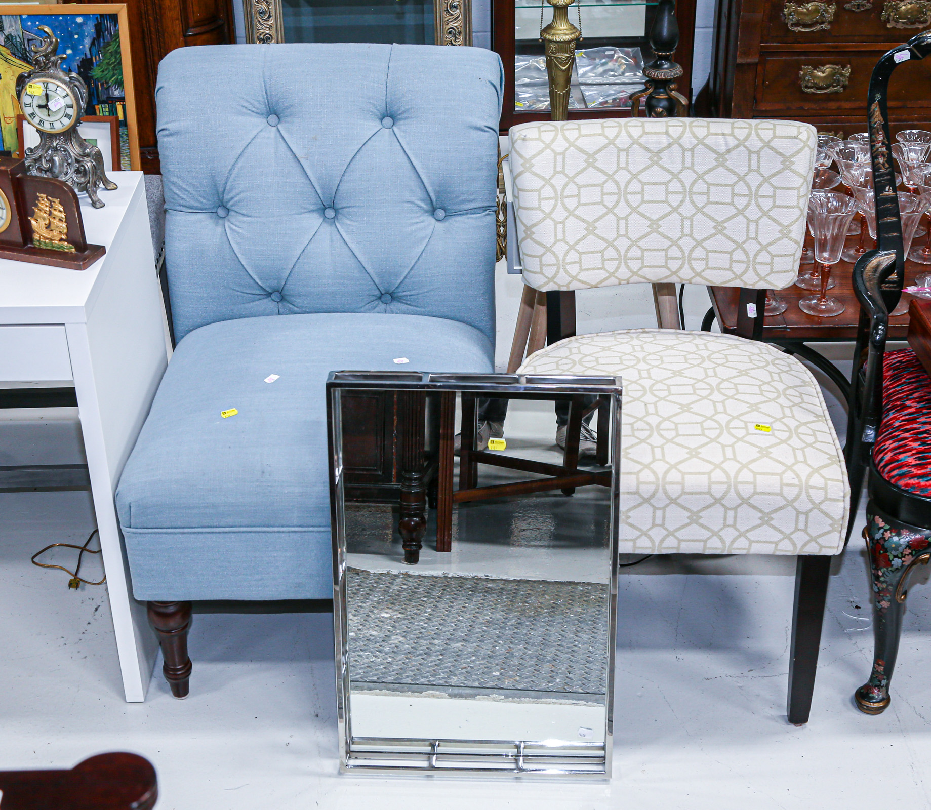 Appraisal: TWO CONTEMPORARY SIDE CHAIRS MIRRORED METAL TRAY Larger contemporary chair