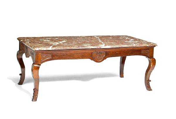 Appraisal: A R gence walnut and marble center table The rectangular