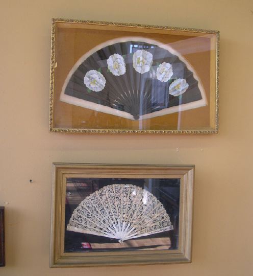 Appraisal: Two Shadowbox-Mounted Lady's Victorian Hand-Held Fans h w