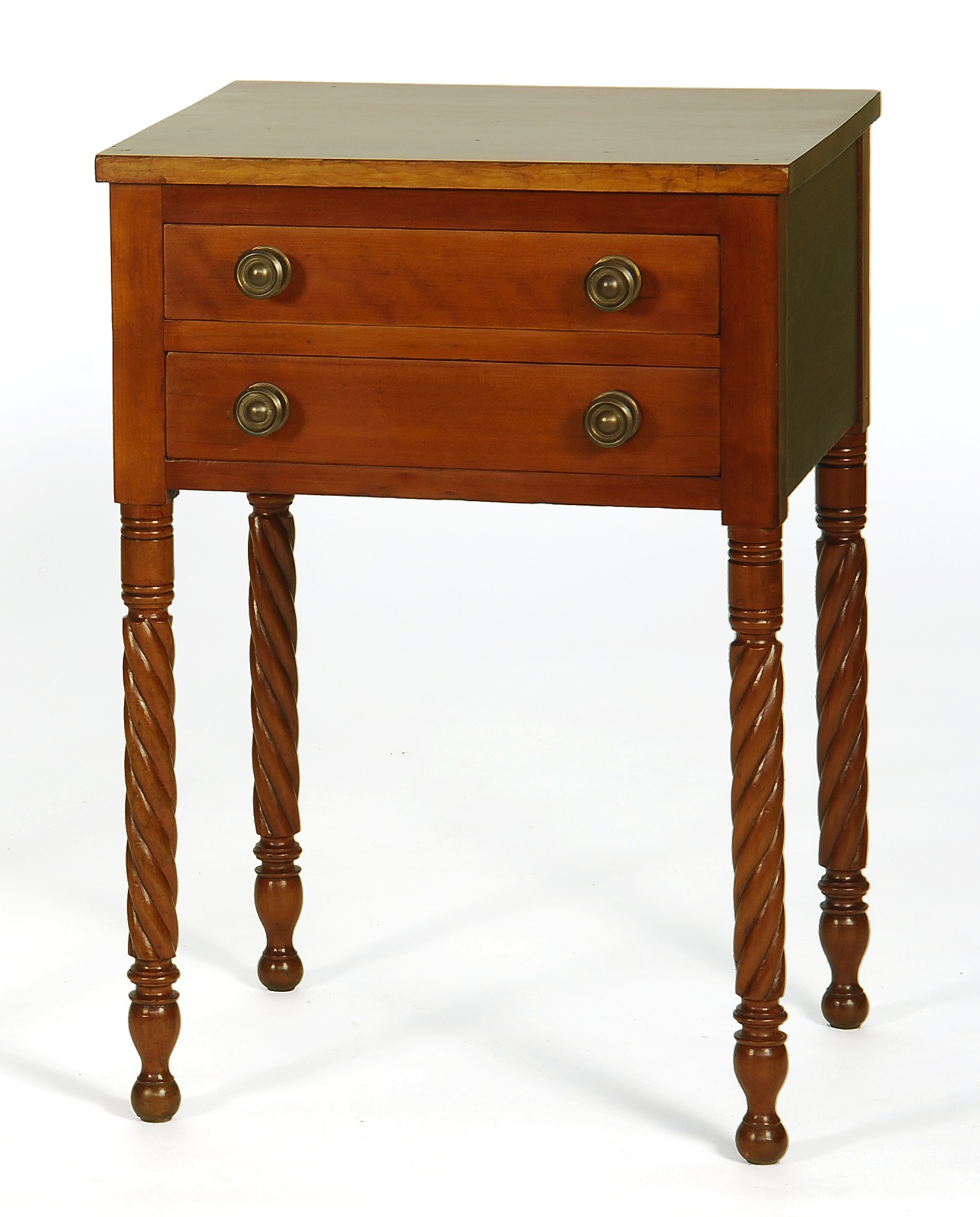 Appraisal: ANTIQUE AMERICAN SHERATON TWO-DRAWER STAND Circa In cherry with rope-turned