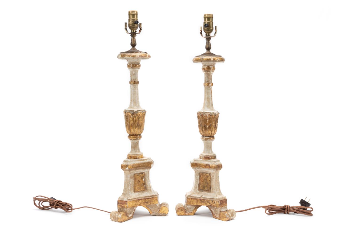 Appraisal: PR GILT PRICKET CANDLESTICKS MOUNTED AS LAMPS Pair of Continental