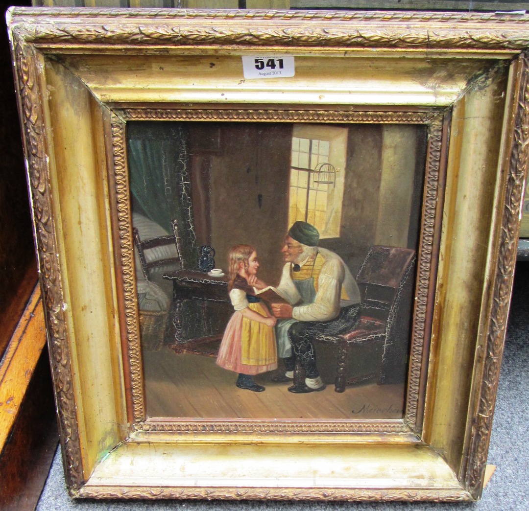 Appraisal: Meyerheim th century Grandfather and young girl reading in an