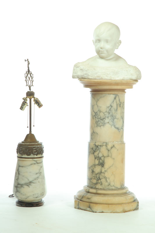 Appraisal: MARBLE PEDESTAL LAMP AND SCULPTURE European th century White marble