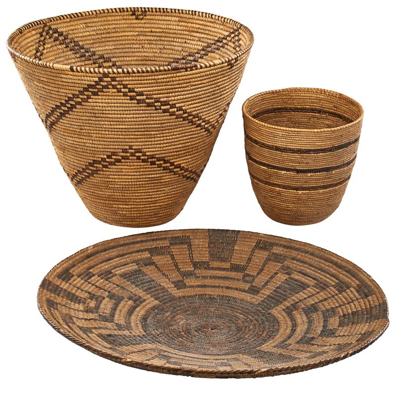 Appraisal: NATIVE AMERICAN BASKETS Three One large basket one small basket