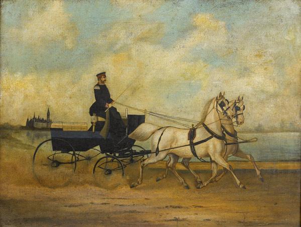 Appraisal: EARLY TH C PAINTING Untitled Horse Drawn Carriage oil on