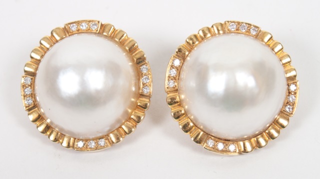 Appraisal: Pair of gold mabe pearl and diamond earrings mm Diam