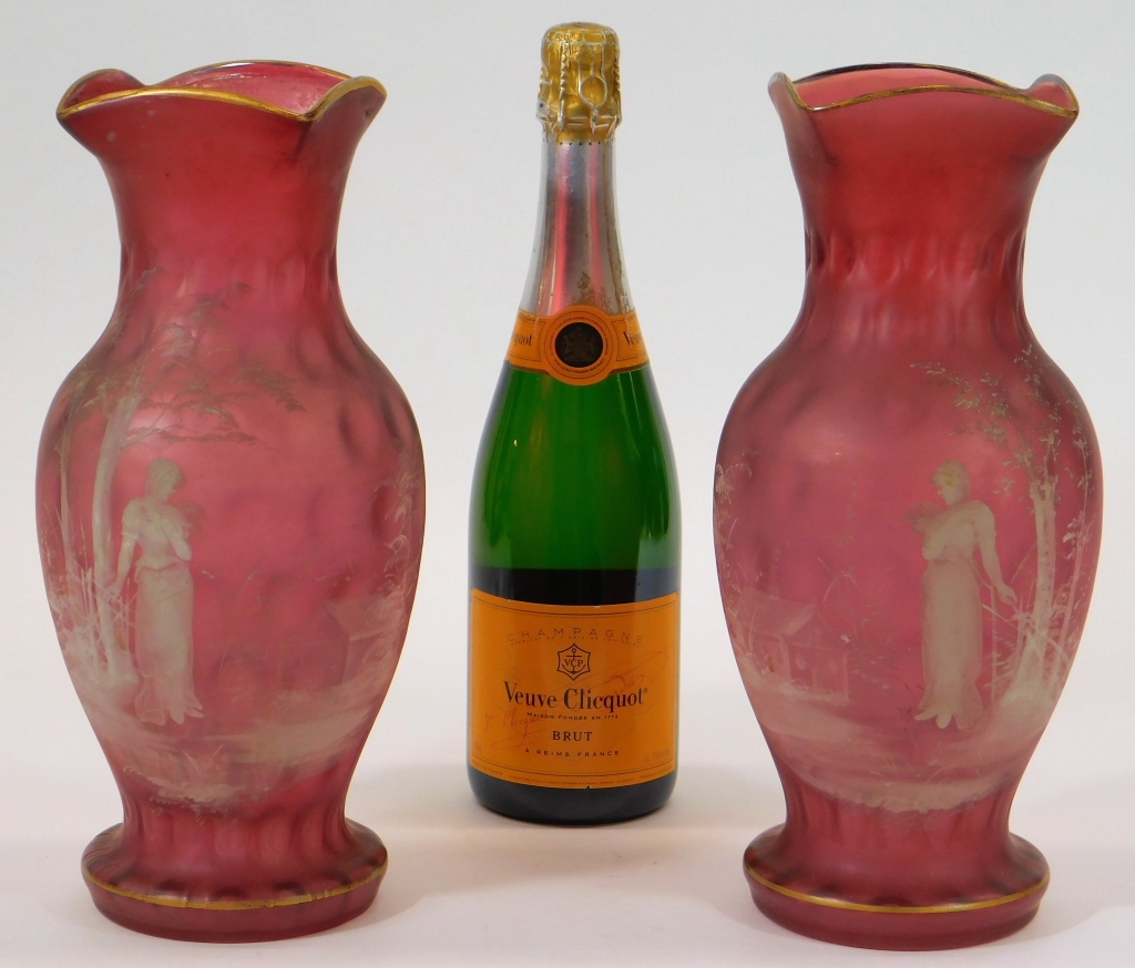 Appraisal: PR VICTORIAN ENAMELED CRANBERRY SATIN GLASS VASES United States Late