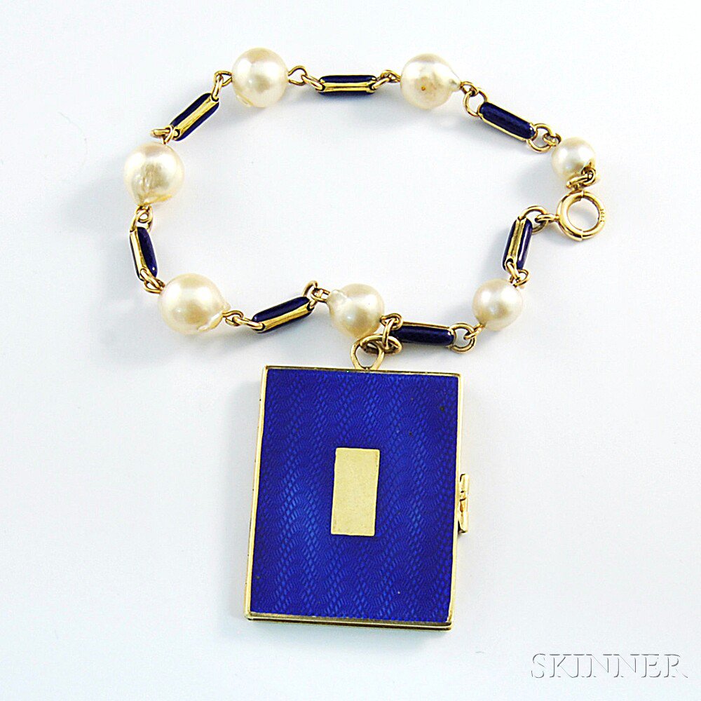 Appraisal: kt Gold Enamel and Pearl Book-form Charm and Bracelet the