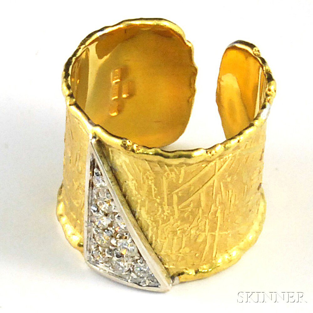 Appraisal: Uno a Erre Textured kt Gold and Diamond Cuff-style Ring