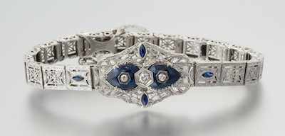 Appraisal: An Art Deco Sapphire and Diamond Filigree Bracelet Platinum over