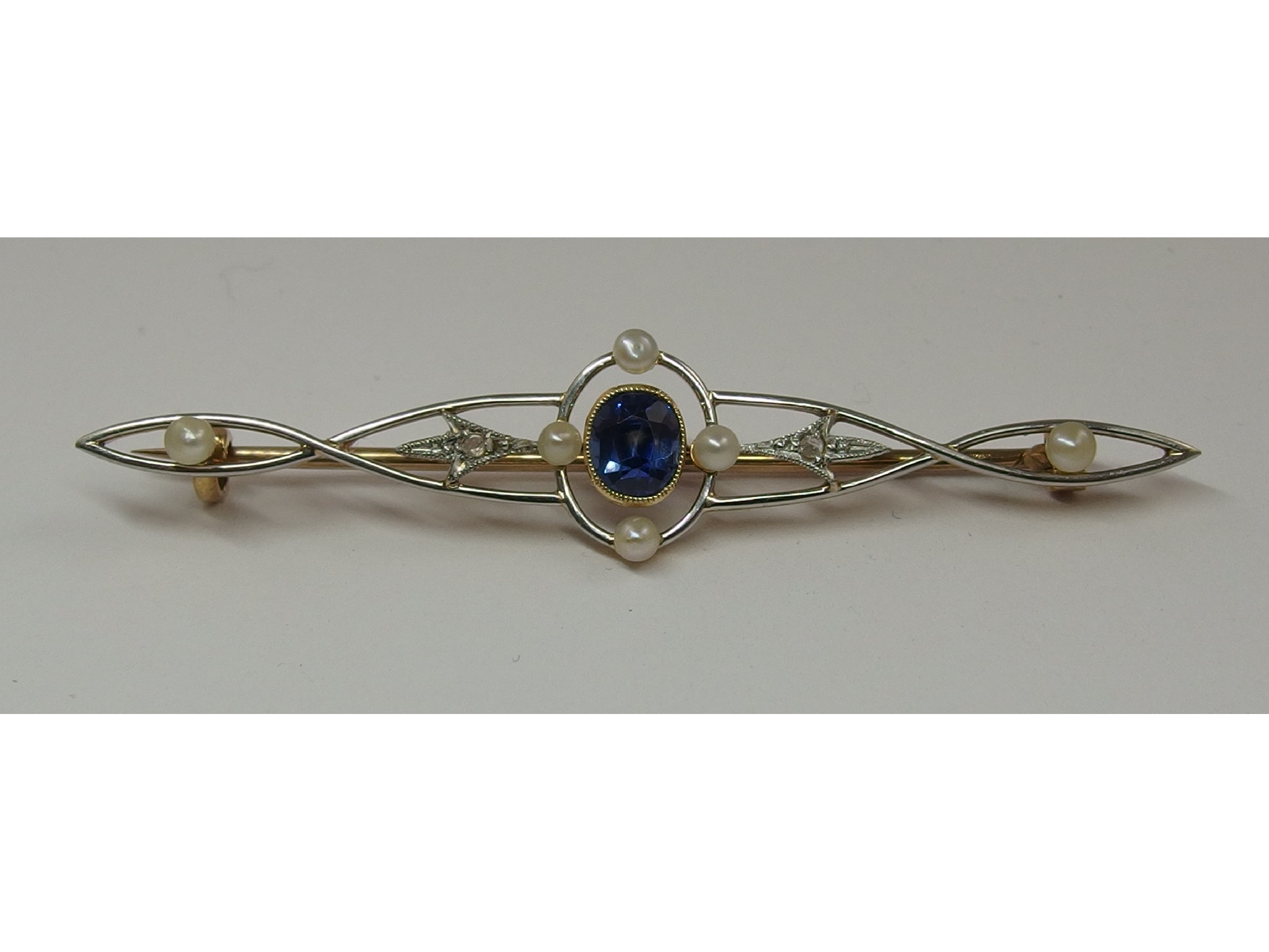 Appraisal: An Edwardian sapphire diamond and pearl broochof fine white and