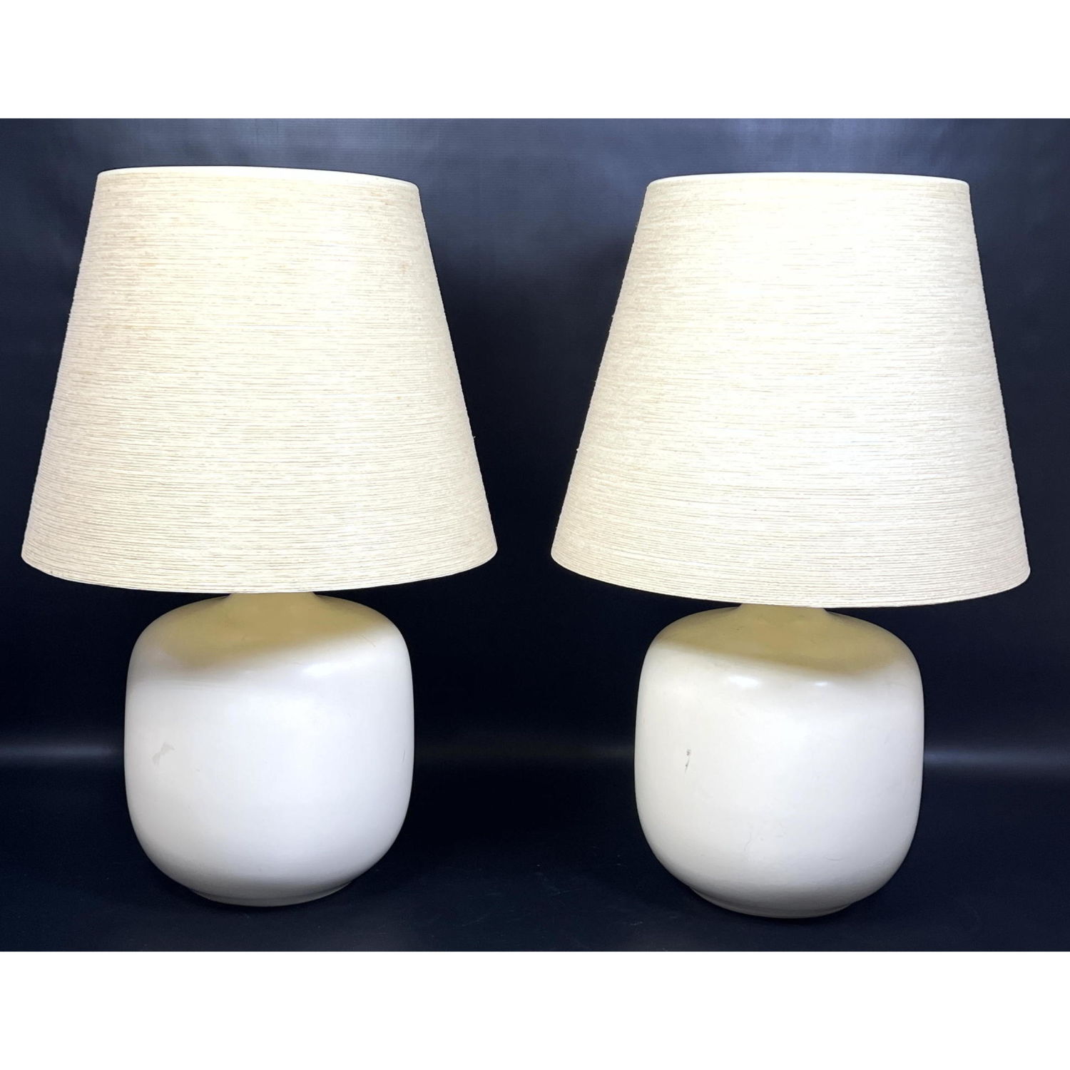 Appraisal: Pr White BOSTLUND Lamps with Cord Shades Dimensions H inches