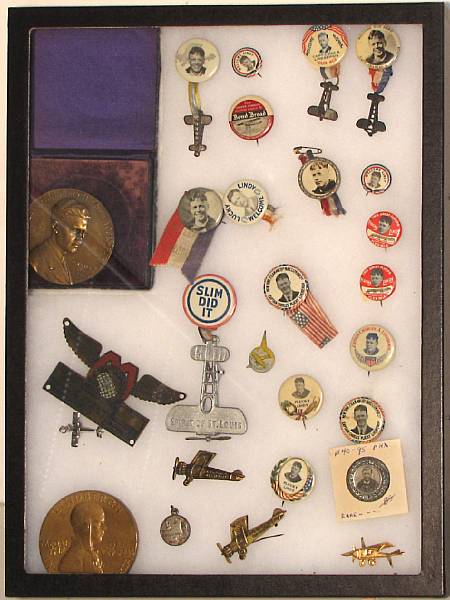 Appraisal: Assorted Lindbergh pins Several fobs medallions coins pins depicting historic