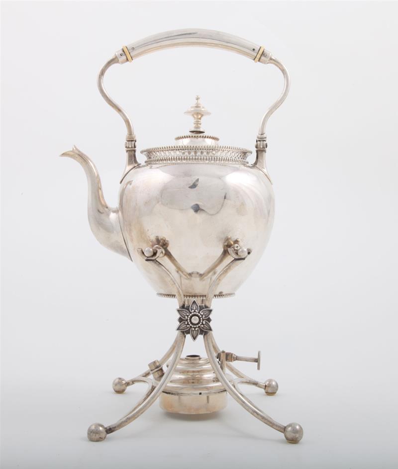 Appraisal: DUTCH SILVER KETTLE ON WARMING STAND Mark of lion passant